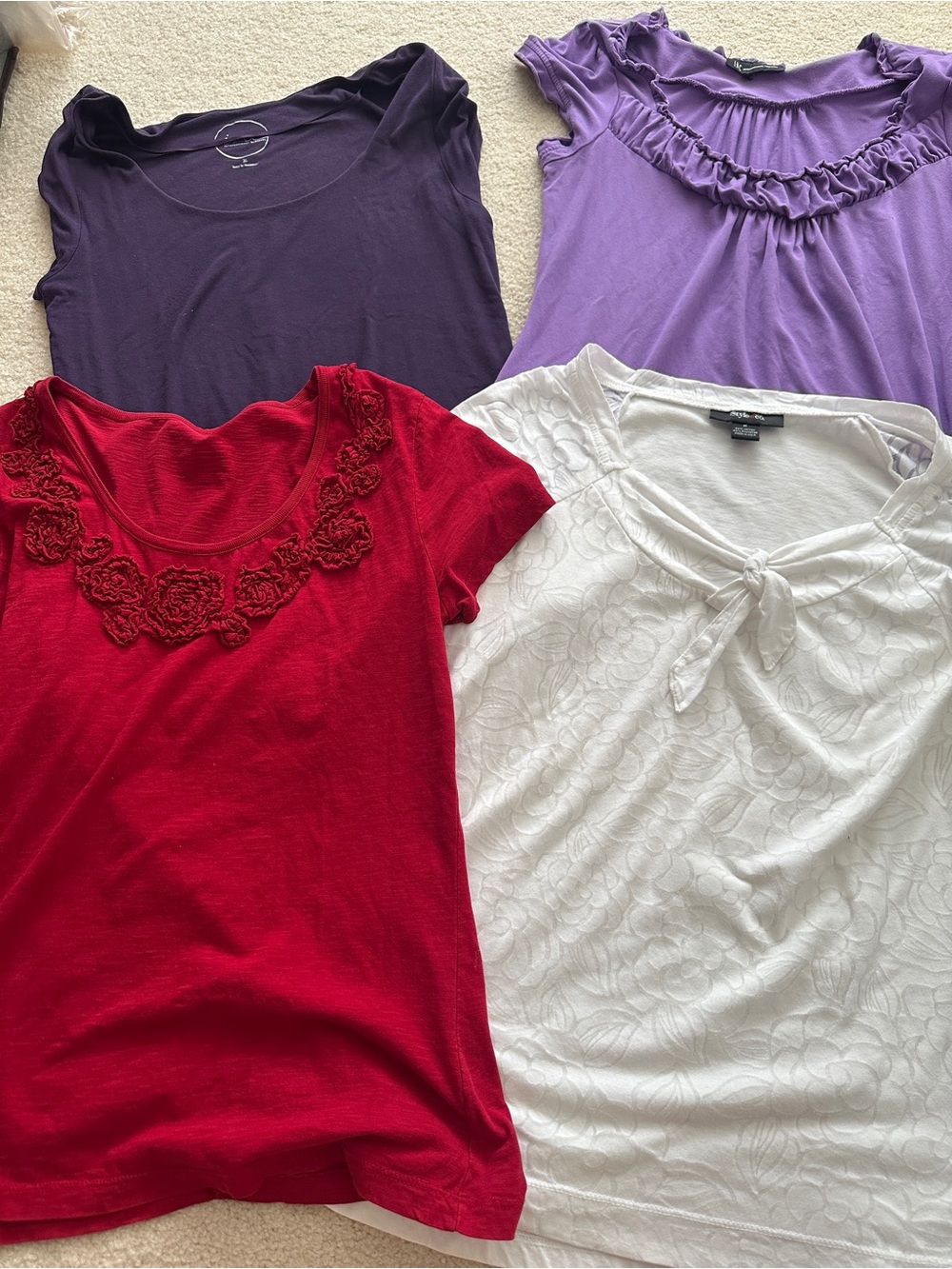 Women’s Short-Sleeve Tops Bundle- Red, White, Purple, Dark Purple. 4/$20